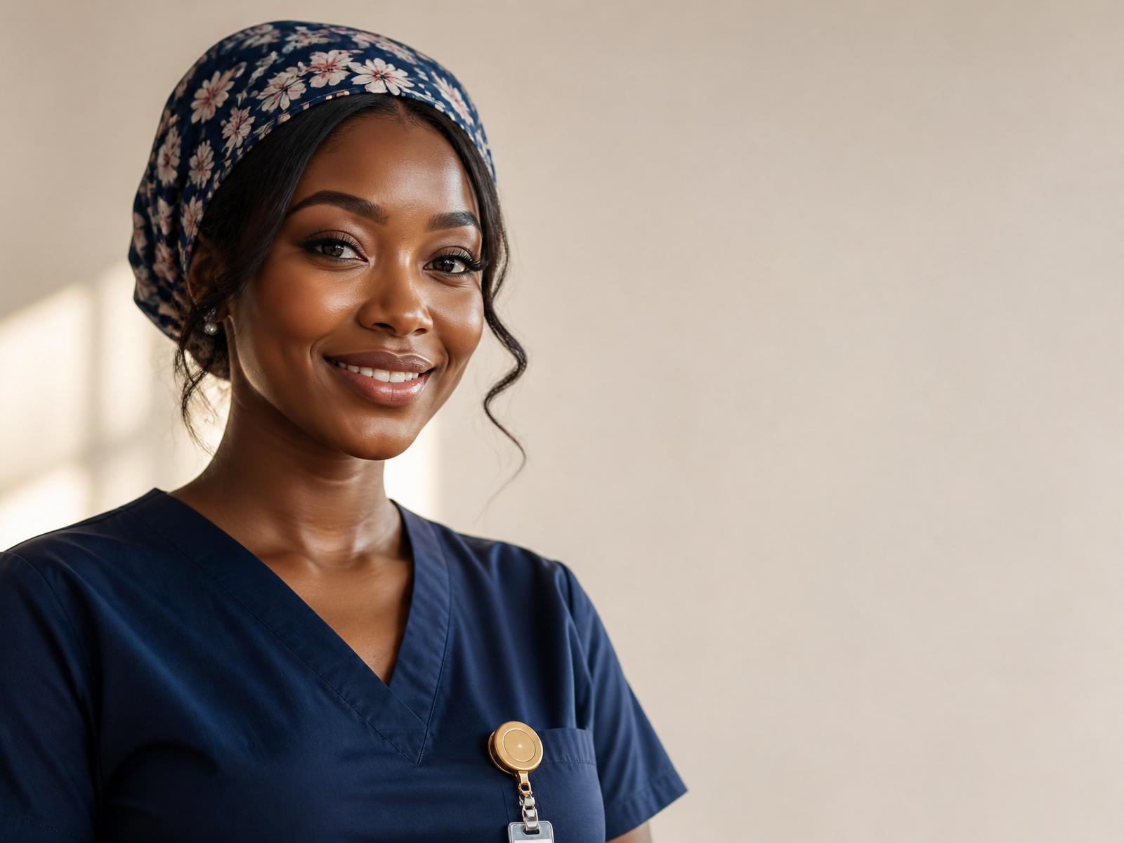 Nurse in navy scrubs wearing a ProScrubs cap and reel badge